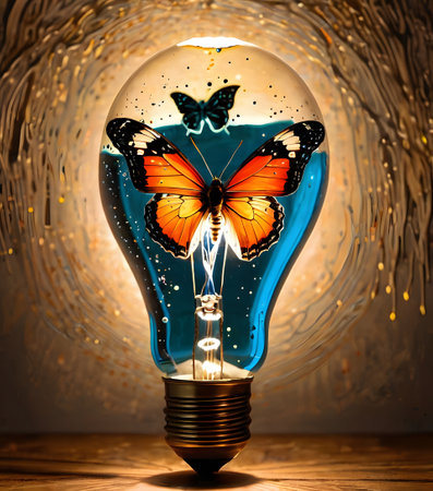In this striking image, a monarch butterfly shines from within an energized light bulb, set against a dark backdrop. It symbolizes transformation paired with the power of light. AI generation AI generationの素材