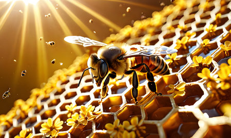 A bee is caught in a burst of pollen on a sunlit honeycomb, a moment of natures harmony captured. The dynamic scene highlights the symbiosis between bees and their environment. AI generation AI generationの素材