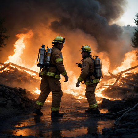 Firefighters with their hoses battle the roaring flames, a testament to human courage and the fight against natures fury. AI generationの素材