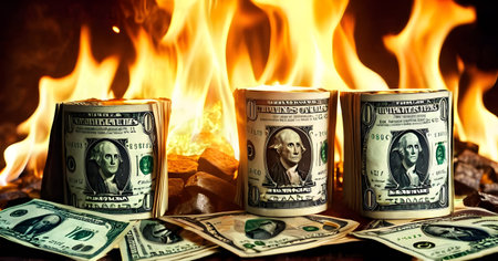 Roll of US dollars fiercely burning against a dark backdrop, a dramatic visualization of financial loss or reckless fiscal policy. The dark environment emphasizes the gravity of the loss. AI generation AI generationの素材