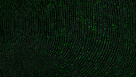 A stream of green digital code runs vertically, symbolizing data flow and information technology. It captures the essence of a cybernetic world. AI generationの素材
