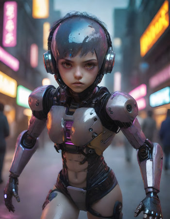 A childlike robotic figure stands in a neon-lit urban street, its expressive eyes reflecting the vibrant city life around it. AI generationの素材