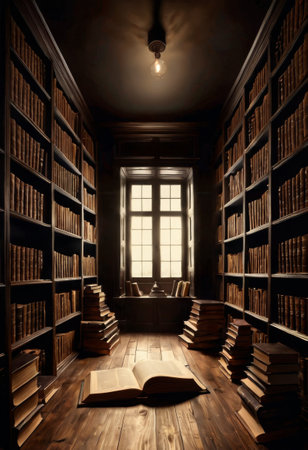 A tranquil library alcove with a grand window casting natural light on stacks of ancient tomes. The room offers a sense of seclusion for devoted readers or scholars seeking inspiration from old texts. AI generationの素材