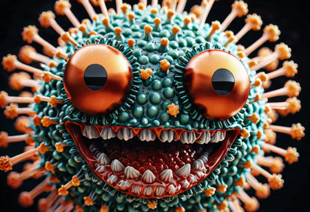 A cartoon virus boasts a large grin, flanked by deep orange eyes, exuding a playful and mischievous vibe. The characters detailed texturing and color palette create an appealing visual narrative. AI generationの素材