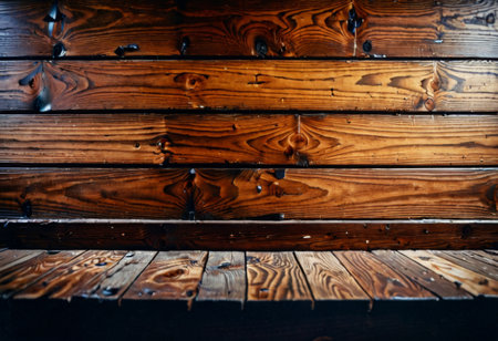 This image captures the perspective of polished wooden floorboards, showing the natural elegance and detail of the wood. Drops of water add a fresh dimension to the surface. AI generationの素材