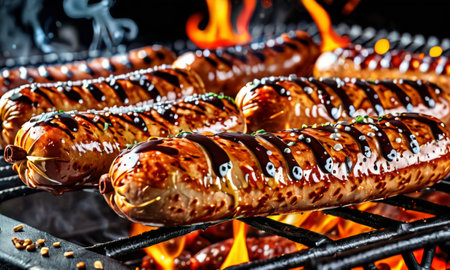 The close-up captures glazed sausages over a fiery grill, seasoned with sprinkled seeds. Every detail from the glistening glaze to the seeds is in sharp focus. AI generationの素材