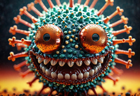 This image captures a lively virus character with a toothy grin and oversized copper-toned eyes. Its richly textured surface and warm colors give it a friendly and engaging appearance. AI generationの素材