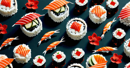 A modern sushi setup is spread on a teal background, each piece arranged as an individual art piece, accented by red floral elements. The design merges culinary skill with visual appeal. AI generationの素材