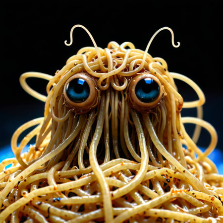This dark-eyed noodle monster boasts whimsical antenna whiskers, adding a quirky touch to its appearance. Set against a deep blue background, it exudes an air of mysterious charm. AI generationの素材