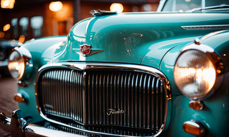 The turquoise hue of this impeccably maintained classic car gleams under ambient street lights. The focus on the grille and badge highlights the vehicles timeless appeal and craftsmanship. AI generationの素材