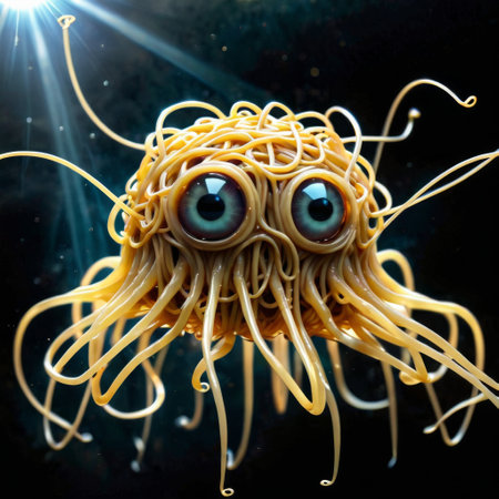 A cosmic entity made of spaghetti floats in a dark space, with large eyes enhancing its mystical presence. The scene combines fantasy with gastronomy in an otherworldly fashion. AI generationの素材