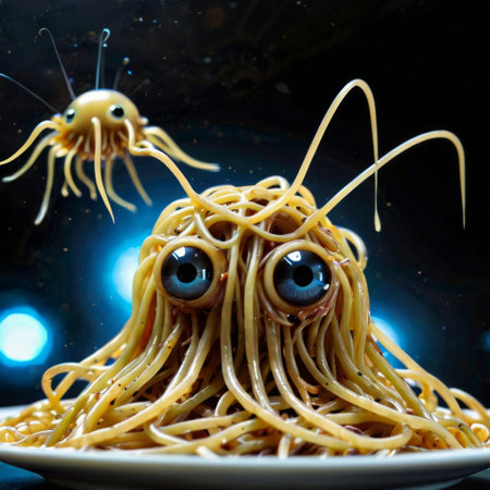 Perched atop a porcelain plate, this noodle critter with probing eyes seems to be brimming with curiosity. The soft lighting casts a homey atmosphere around this charming character. AI generationの素材