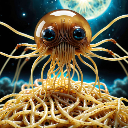 An octopus-inspired spaghetti dish comes to life with expressive eyes, set against a cosmic background. The playful juxtaposition evokes curiosity and delight. AI generationの素材