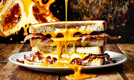 A delectable cheese cascade flows down a stacked sandwich filled with crispy bacon. This mouthwatering image showcases the sandwichs irresistible texture and warmth. AI generationの素材