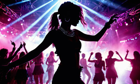 The silhouette of a woman dancing captures the vibrant energy of a nightclub. Colorful stage lights and a crowd of dancers create a lively party atmosphere. AI generationの素材