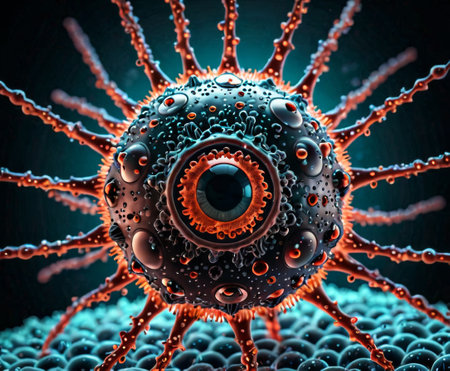 This image presents a conceptual virus with a central eye, set against a dark backdrop. The design is surreal, blending science and fantasy elements seamlessly. AI generationの素材