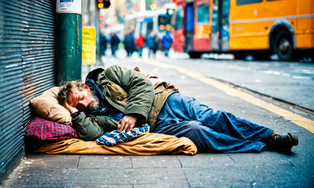 A homeless man finds refuge on a bustling city sidewalk, asleep amidst the urban rush. His worn-out appearance contrasts sharply with the vibrant city life in the background. AI generationの素材