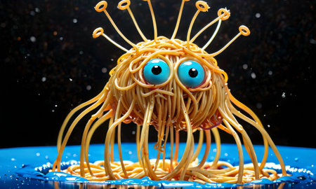 A playful creature made of spaghetti noodles makes a splashy entrance, captivating with its googly eyes and noodle crown. The creative representation blurs the lines between food and fantasy. AI generationの素材