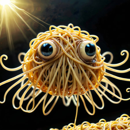 A whimsical creature with a body made of tangled noodles gleams under a radiant sunbeam. Its large, expressive eyes add a touch of liveliness to the serene dark backdrop. AI generationの素材