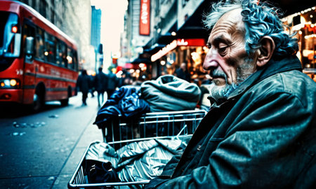 Amidst the urban rush, an elderly man with a life etched on his face watches the world from a shopping cart. His gaze carries the weight of personal stories untold. AI generationの素材