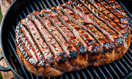 Gourmet salmon fillets with crisscross grill marks, garnished with herbs. The shiny glaze and sprinkling of sesame seeds add an inviting layer of flavor. AI generationの素材