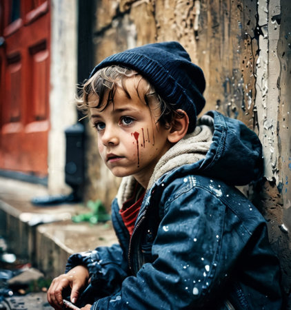 Against the flaking paint of an old door, a young boy with a curious gaze stands in an alley, his adventurous spirit undimmed by his surroundings. The streaks of blood on his face add a poignant layer to his urban exploration. AI generationの素材
