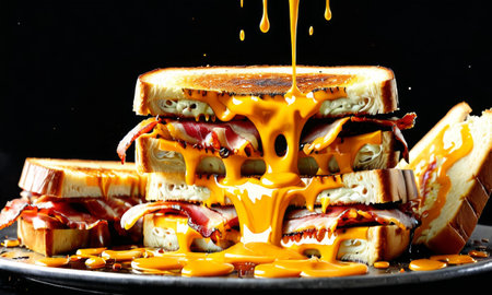 A grilled cheese sandwich erupts with layers of melted cheese and crisp bacon, creating a mouth-watering spectacle. The cheese stretches with each pull, framed by the dark backdrop highlighting its vibrant yellow hue. AI generationの素材