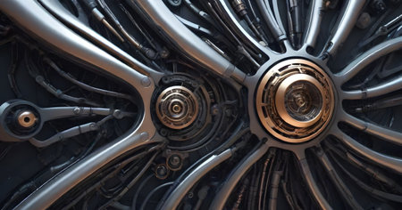 A labyrinth of gears and cogs unfolds in a hypnotic pattern, showcasing the artistry of mechanical design. AI generationの素材