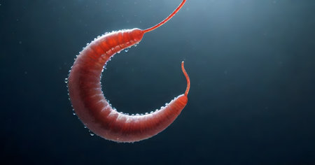 A detailed close-up of an earthworm wriggling on a fish hook submerged in water, showcasing the creatures anatomy and survival instinct. AI generationの素材