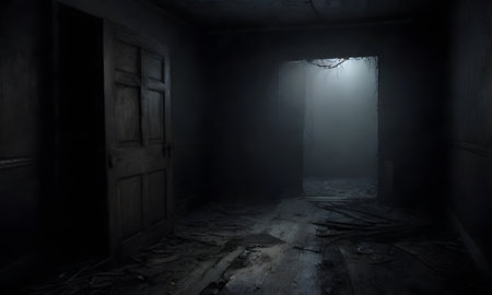 A shrouded path winds through a hauntingly serene forest, enveloped in thick fog that obscures the unknown. The scene captures the eerie stillness of a world veiled in mist and mystery. AI generationの素材
