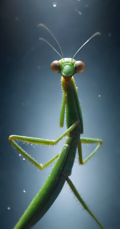 A praying mantis stands covered in morning dew, its eyes reflecting the early light in a tranquil natural setting. AI generationの素材