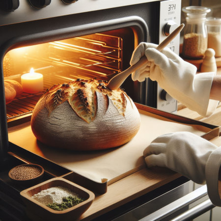 A pair of hands wearing oven mitts carefully handles freshly baked artisan bread. The kitchen scene highlights the craft of traditional baking. AI generationの素材