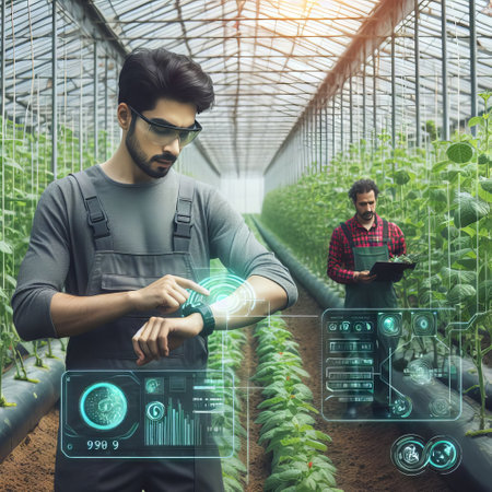 A modern farmer uses advanced technology to monitor plant health in a high-tech greenhouse. Behind him, a colleague inspects the crops, symbolizing the fusion of agriculture and innovation. AI generationの素材