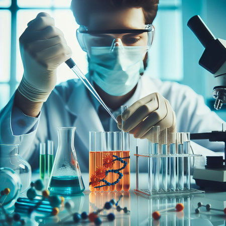 A scientist meticulously conducts DNA research in a futuristic laboratory setting. The image captures the precision and dedication involved in genetic engineering and scientific discovery. AI generationの素材