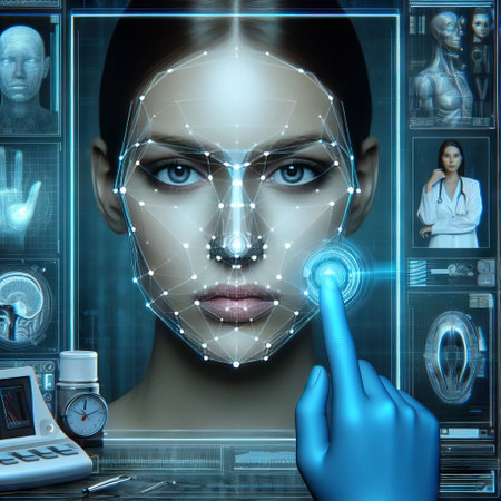 A digital interface overlays a biometric scan onto a womans face. Advanced technology combines human features with high-tech security measures. AI generationの素材