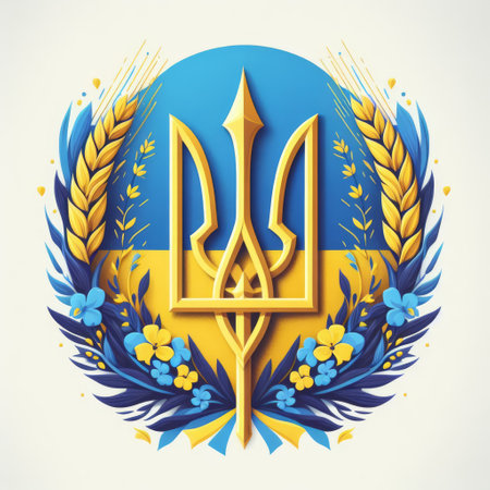 A stylized emblem with the Ukrainian trident symbol, adorned with wheat and blue flowers. It represents the rich cultural heritage and national pride of Ukraine. AI generationの素材