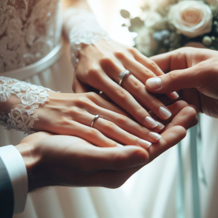 A bride and groom exchange wedding rings, symbolizing commitment and unity. The focus on their hands captures a timeless matrimonial tradition. AI generationの素材