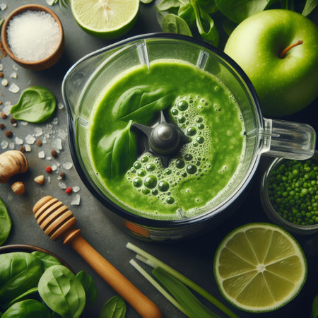 Vibrant green smoothie mix swirls in a blender, surrounded by fresh ingredients. The lively blend of apple, spinach, and lime captures the essence of healthy living. AI generationの素材