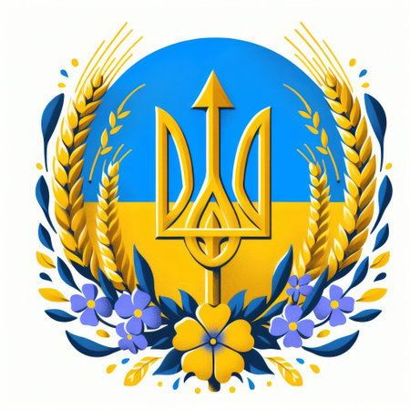 The vibrant emblem of Ukraine is rendered in a bold, graphic style, surrounded by wheat and flowers. This stylized representation symbolizes national pride and cultural heritage with its iconic colors and motifs. AI generationの素材