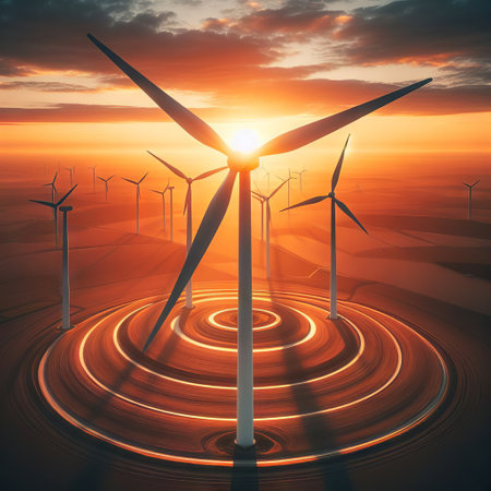 A mesmerizing sunset casts a golden glow over a wind farm, the sky painted with hues of orange and yellow. The motion blur effect creates concentric circles around the turbines, emphasizing renewable energy in motion. AI generationの素材