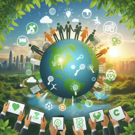 A vivid illustration of global sustainability, showcasing a green Earth surrounded by diverse eco-friendly and technological icons. Hands holding tablets highlight the global commitment to corporate social responsibility. AI generationの素材