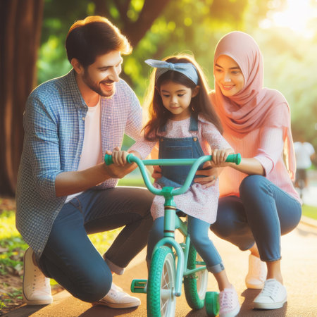 An endearing moment of a young girl learning to ride a bike, guided by her smiling parents. This captures the essence of family, support, and new beginnings in a natural park setting. AI generationの素材