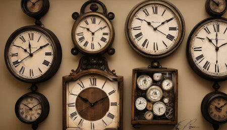 A diverse collection of classic wall clocks, with Roman numerals and visible mechanisms, depicting multiple moments in time AI generationの素材