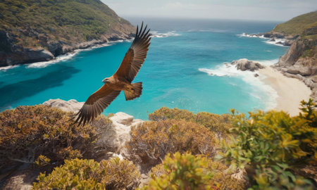 A majestic red eagle soars with outstretched wings above a rugged coastal landscape with turquoise waters, embodying the essence of freedom and natural beauty. AI generationの素材