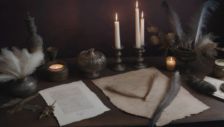A historical setup featuring feather quills and aged papers on a dark wood table, surrounded by candles, creating a scene steeped in tradition and literary allure. AI generationの素材