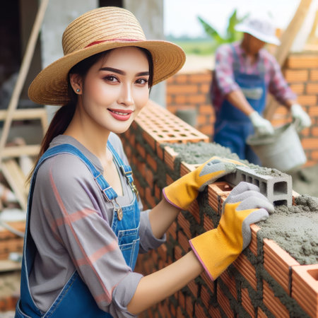 A young woman mason beams with pride as she skillfully lays bricks, a straw hat protecting her from the sun. Her smile reflects the joy in her craft amid the construction environment. AI generationの素材