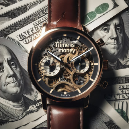 An opulent wristwatch with Time is money engraving lies atop a bed of U.S. dollar bills, symbolizing wealth. The intricate mechanics of the watch are exposed, underscoring the value of time. AI generationの素材
