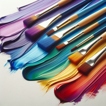 A close-up of paintbrushes gliding across canvas, their bristles creating abstract, colorful textures in an artistic blur AI generationの素材