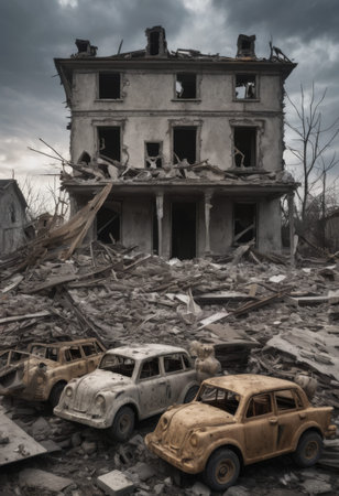 A collection of vintage cars lie abandoned in front of a devastated building, a stark reminder of a bustling past now quieted. The contrast of once-cherished vehicles against the backdrop of destruction evokes a strong sense of history interrupted. AI generationの素材