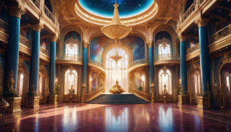 A lavish fantasy palace interior with opulent golden accents, a grand staircase, and a celestial sky visible through the dome.. AI Generationの素材
